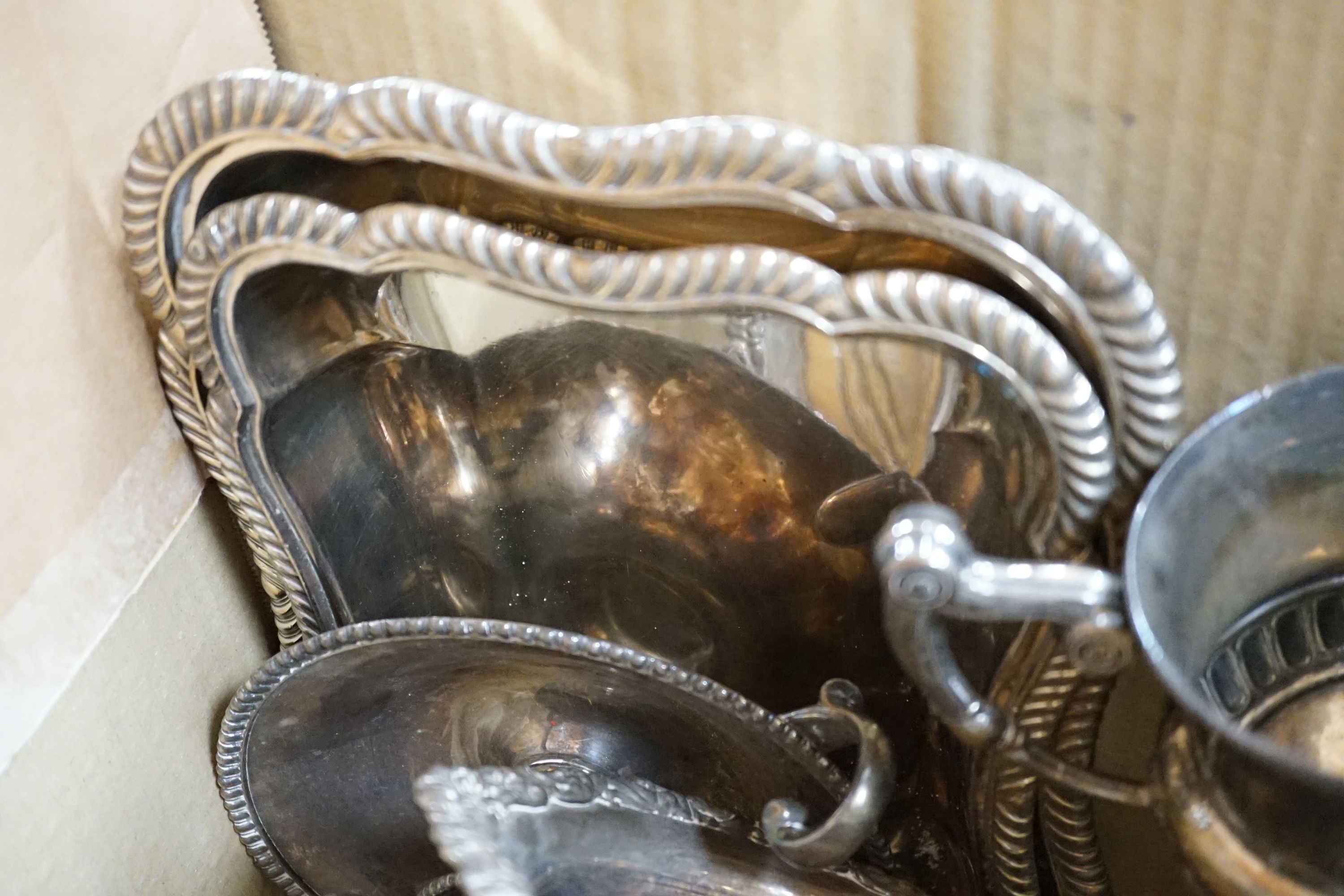 Seven Victorian and later glass decanters and a small quantity of plated ware.